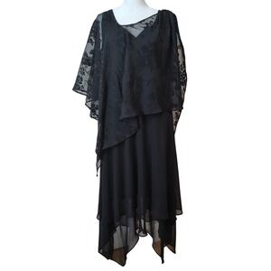 Vintage K Studio Dress Black Chiffon Floral Shawl‎ Handkerchief Hem Evening
